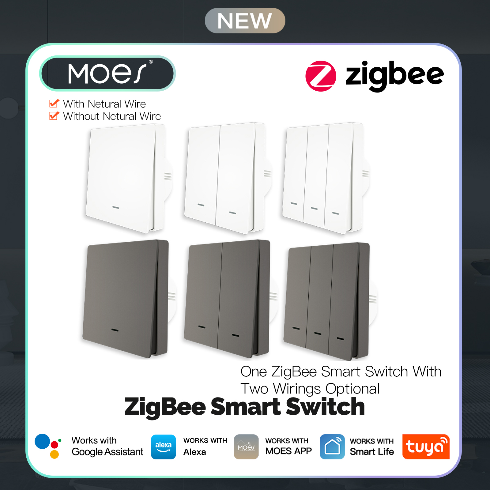 MOES Tuya ZigBee スマート ライト スイッチ 中性線不要 コンデンサ不要 スマート ライフ 2/3 ウェイ Alexa Google ホーム 2mqtt で動作