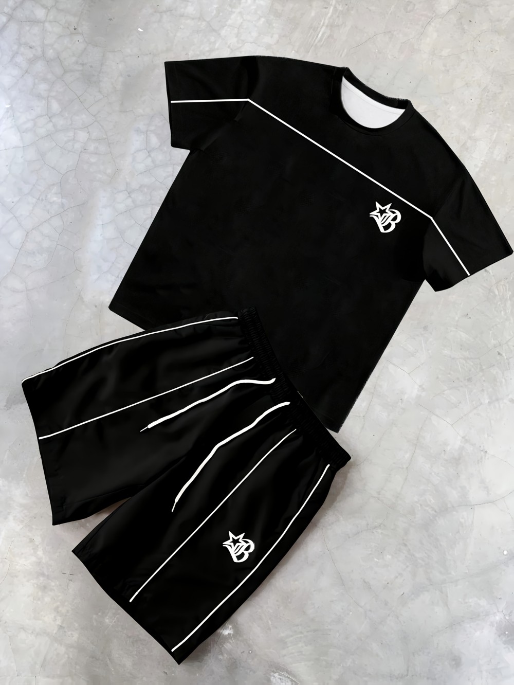 メンズ夏ミニマリストストライプレタープリント快適な通気性ラウンドネック Tシャツ巾着ショーツセットアウトドアストリート