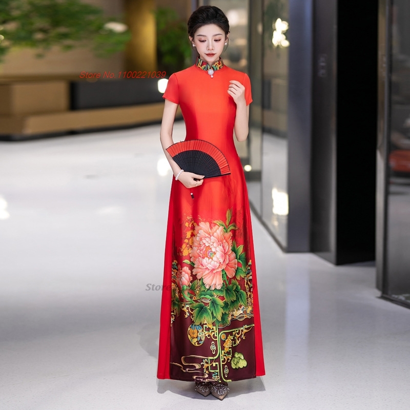 2026 アオザイベトナム伝統ドレス中国改良袍ナショナルフラワープリントチャイナ A ラインドレスイブニング宴会ドレス