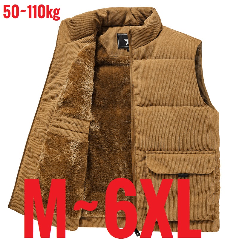 6XL メンズコーデュロイベストジップアップフリース裏地ノースリーブジャケット男性厚い秋暖かい冬カジュアル外仕事ブラウンチョッキ
