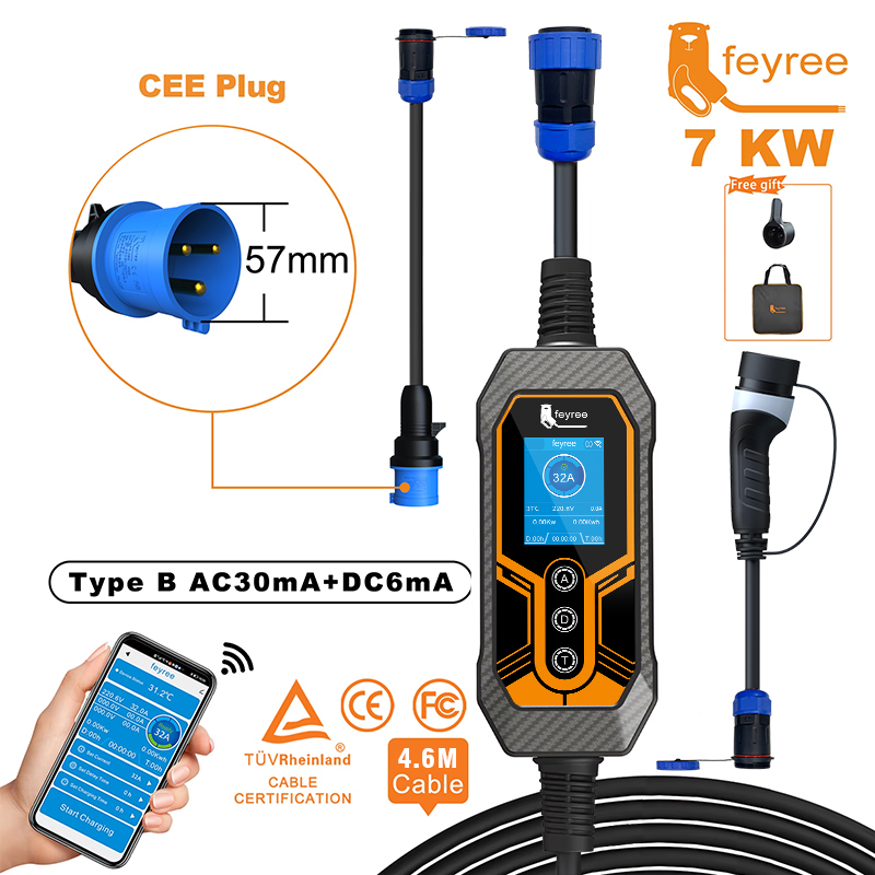 Feyree ポータブル EV 充電器 32A 7kW 1P アプリ WIFI 制御交換可能充電プラグスマート Multifuction EV 充電器電気自動車用