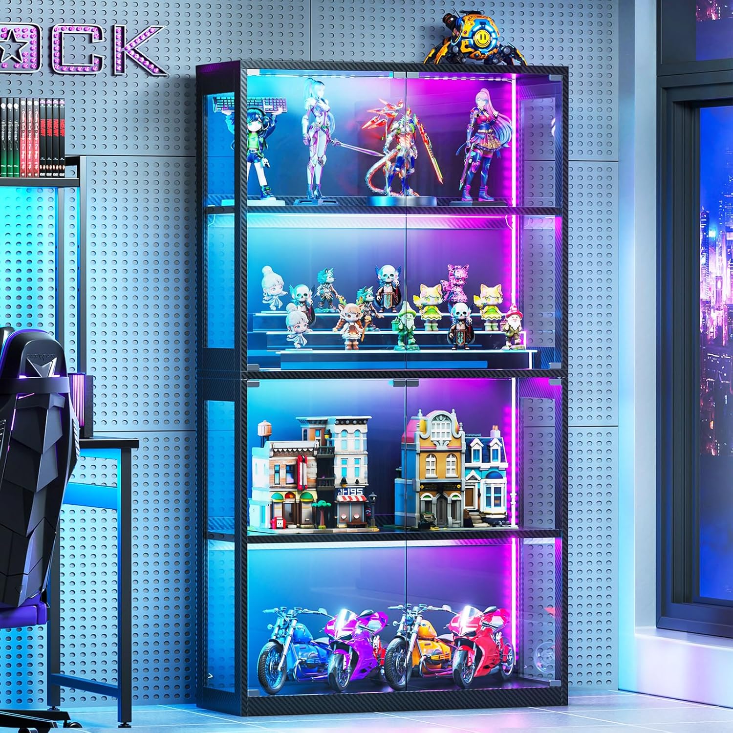 ガラスドア付きガラスキュリオキャビネット、RGBカラーライト付き4段棚ディスプレイケース、グッズゲームルーム装飾用防塵収納キャビネット