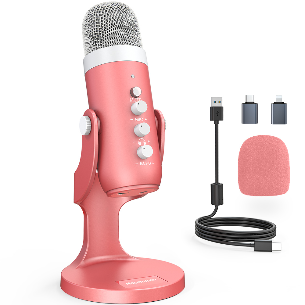 Haomuren USB コンデンサーマイク ピンク スタジオ録音マイク PC Mac コンピュータ電話 ゲーム ストリーミング ポッドキャスティング ラップトップ デスクトップ用