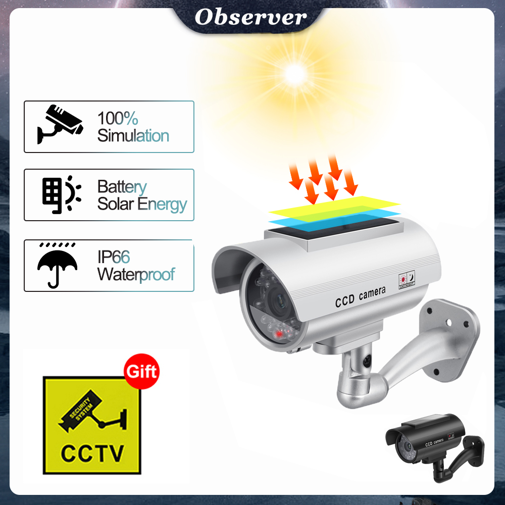 ダミー監視カメラソーラーパネル偽カム屋外シミュレーションCCTV屋内防水弾丸LEDライトモニターホームセキュリティ