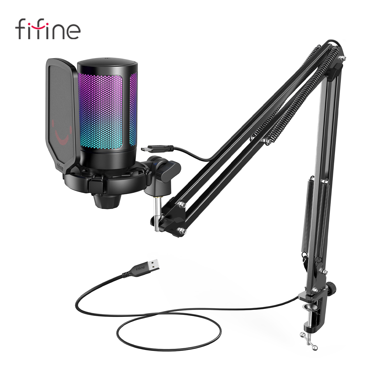 FIFINE USB ゲーミングマイクキット PC 用、PS4/5 コンデンサーカーディオイドマイクセット、ミュートボタン/RGB /アームスタンド付き、ストリーミングビデオ用