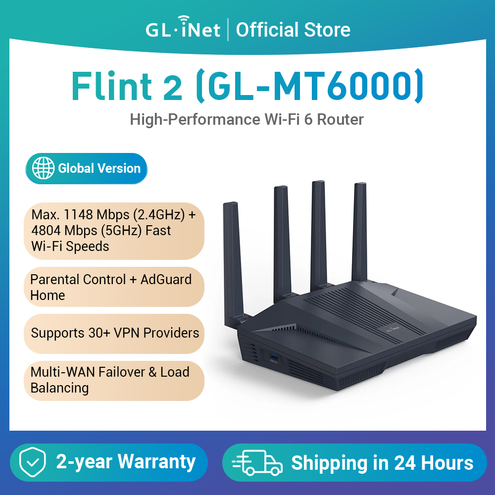GL.iNet Flint 2 (GL-MT6000) ホームおよびオフィス ルーター、8 ストリーム Wi-Fi 6 テクノロジー、OpenWrt、2.5G イーサネット ポート、ペアレンタル コントロール