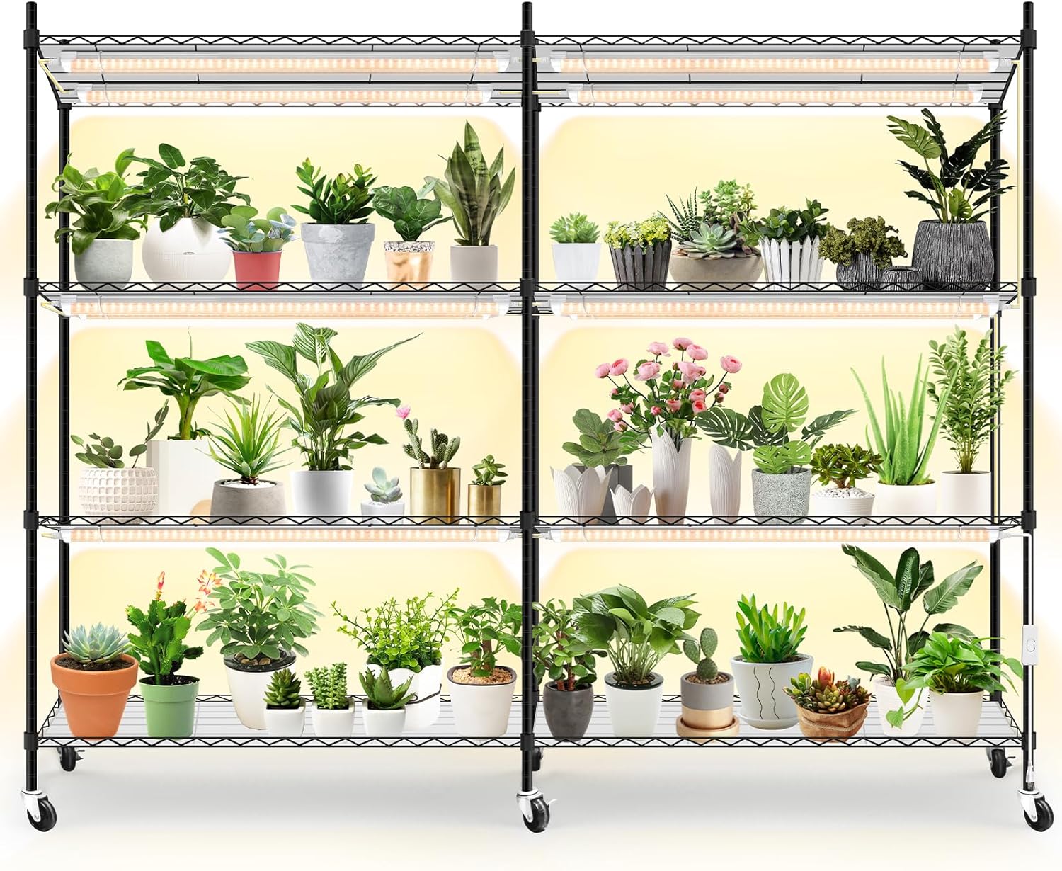 4段植物棚 成長ライト付き 12個パック 288W フルスペクトル ホイール付き 長さ57.4インチ x 幅13.8インチ x 高さ59インチ