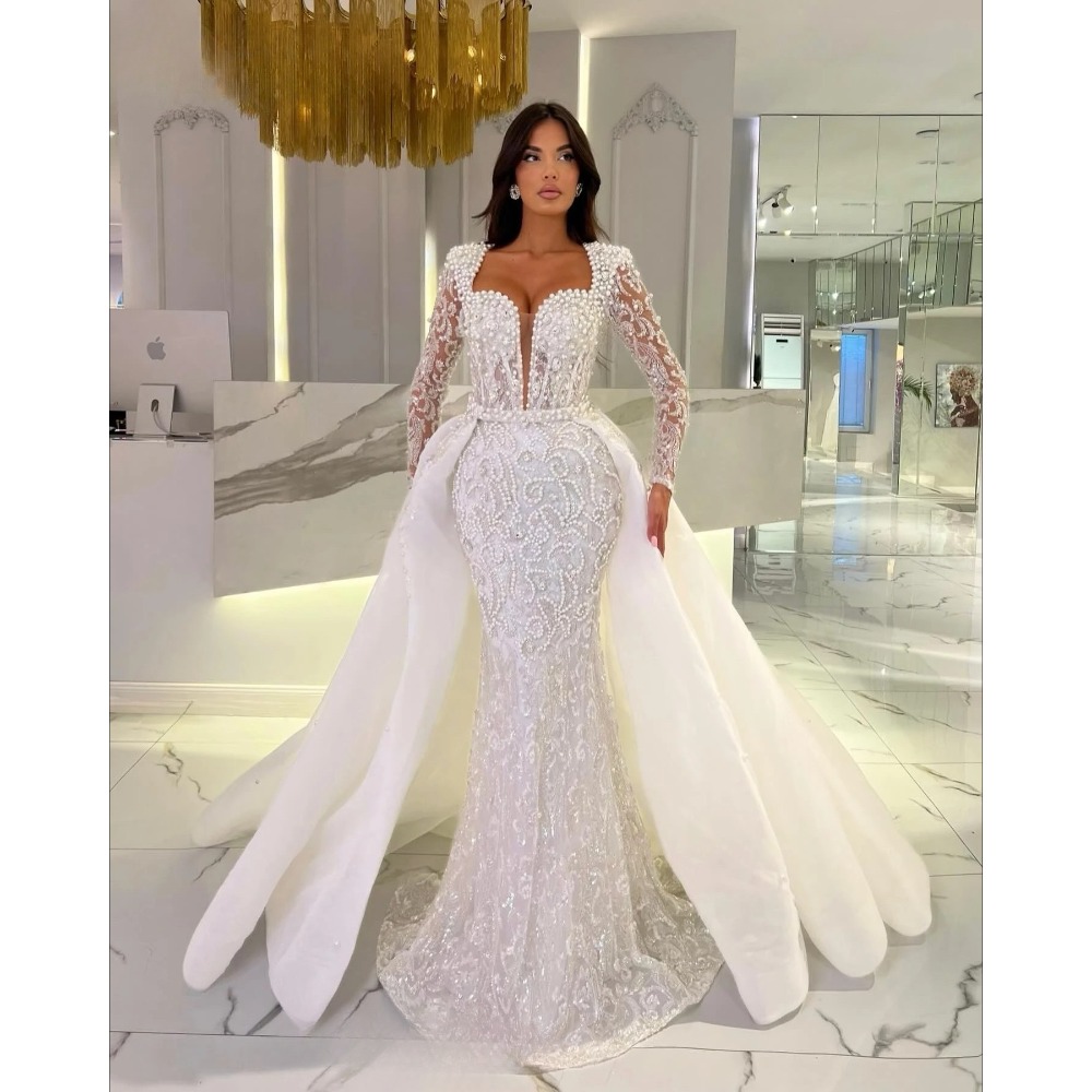 White Celebrity Mermaid Prom Dresses With Detachable Train Elegant Pearls Evening Dresses Mermaid Robe Soirée Engagement Gowns