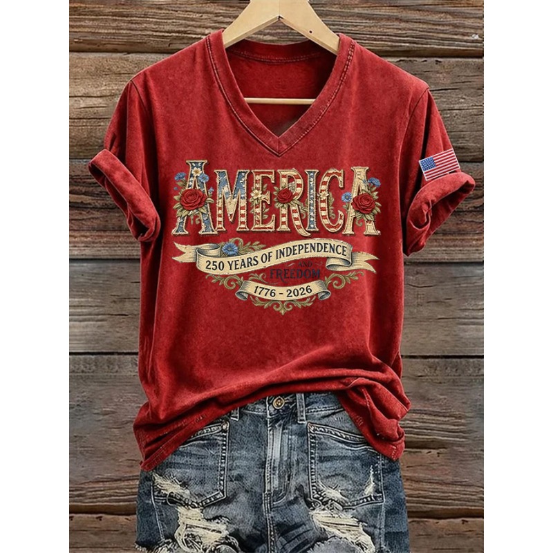 新しい女性の 1776-2026 米国旗プリント Tシャツ夏アメリカ 250 周年記念半袖 Tシャツカジュアル V ネックトップス