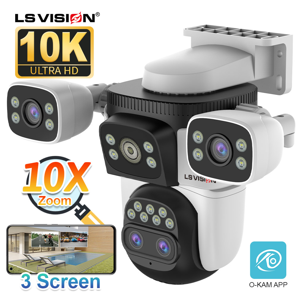 LS VISION 20MP 10X ズーム 3 画面 WiFi IP カメラワイヤレス屋外 10K 4 レンズ PTZ 人間自動追跡監視カメラ