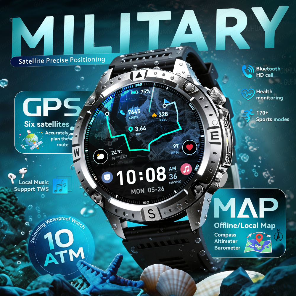 2026New 軍用戦車 GPS スマートウォッチオフラインマップ 10ATM 水泳 2 ギガバイト RAM 音楽高度コンパス Bt 通話フィットネススポーツスマートウォッチ男性