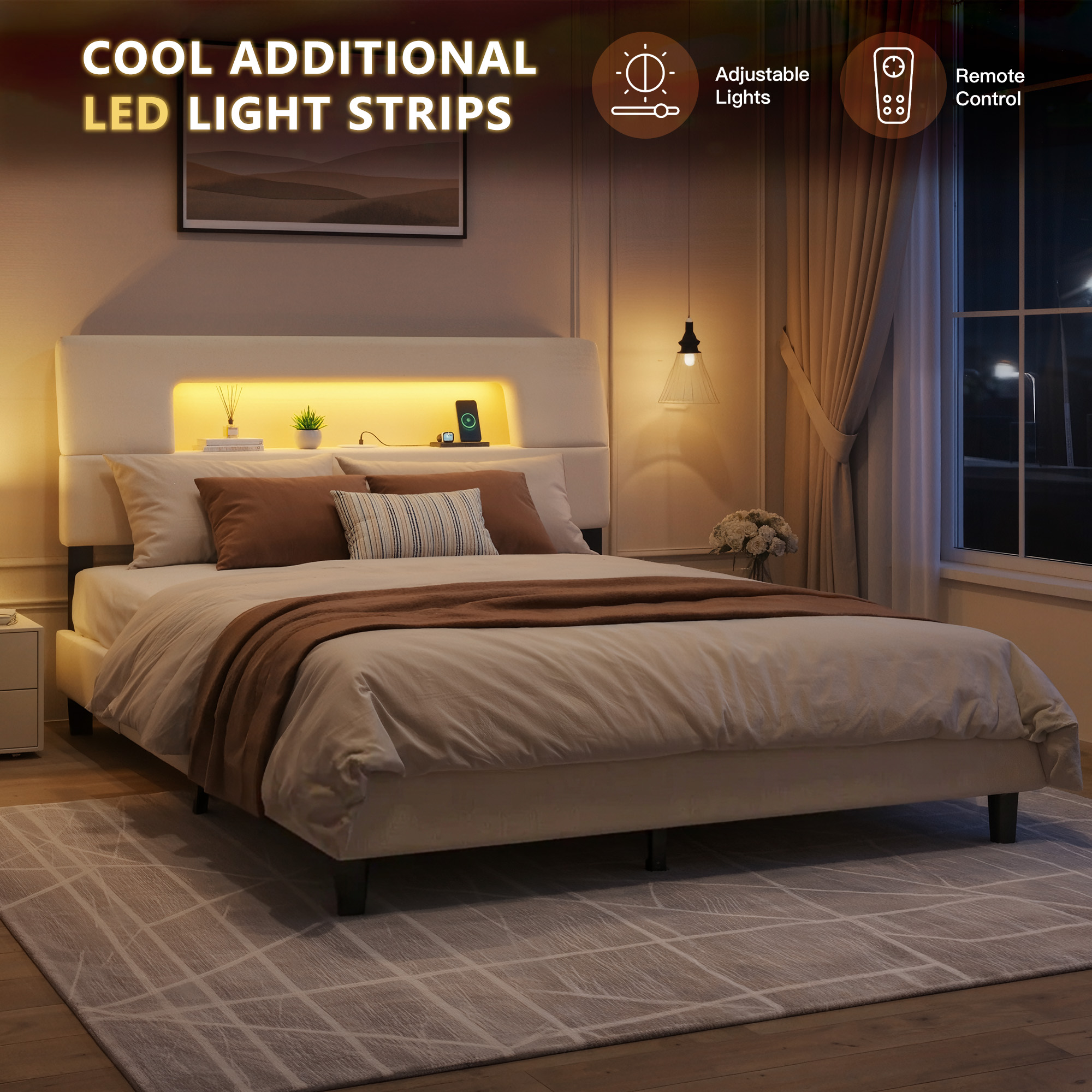 EnHomee Bed Frame with  with LED Lights & Charging Station with Ergonomic Storage Headboard, Upholstered Bed Frame, NO Noise, Easy Assembly, No Box Spring Needed