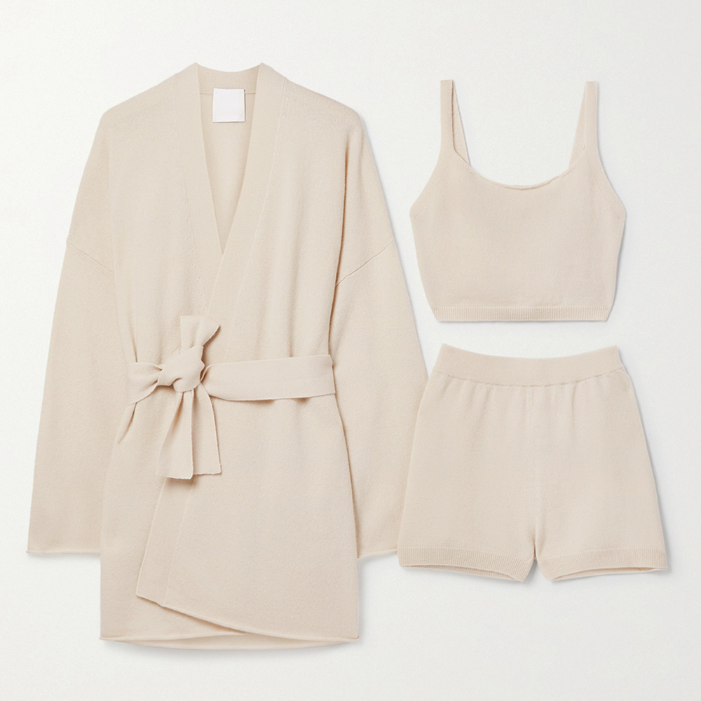 100% カシミヤ 3 ピースパジャマセットショーツラウンジ部屋着セーター女性スーツ Co Ord 居心地の良いニットセット 3 点セット