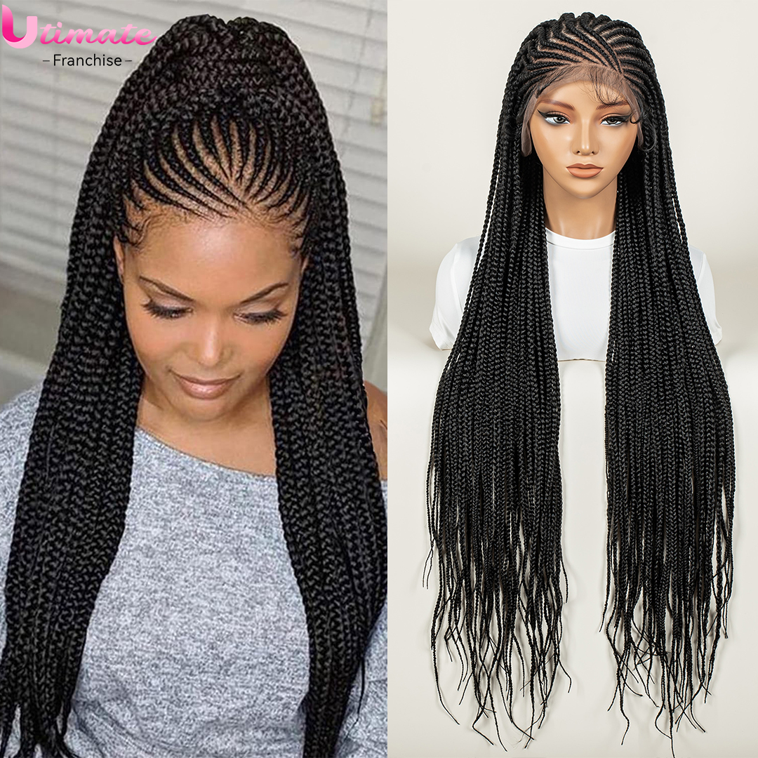 Cornrow 合成編組ヘアウィッグベビーヘア 36 インチフルレースボックス三つ編みウィッグ黒人女性に適合 Cornrow 完全編組ウィッグ