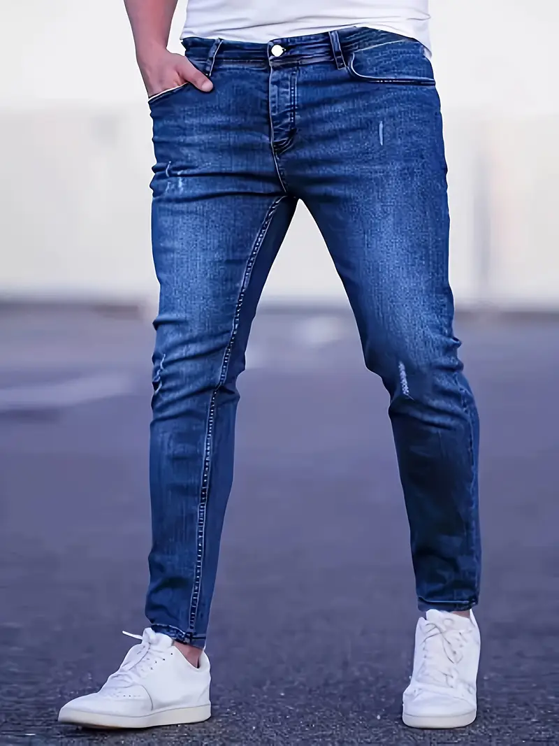 メンズ スリムフィット ストレッチ デニム ジーンズ リップドディテール