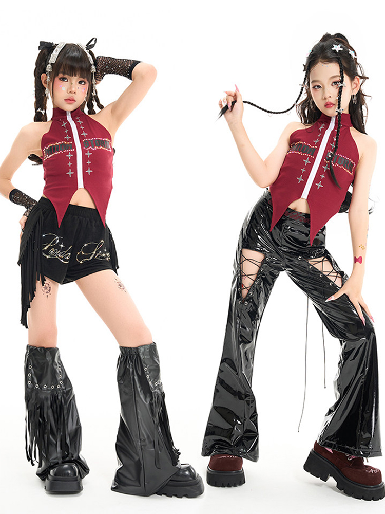 2026 女の子 Kpop 服赤へそトップスファッションショーツパンツジャズダンスパフォーマンス衣装 Y2K ヒップホップダンス衣装 BL19150