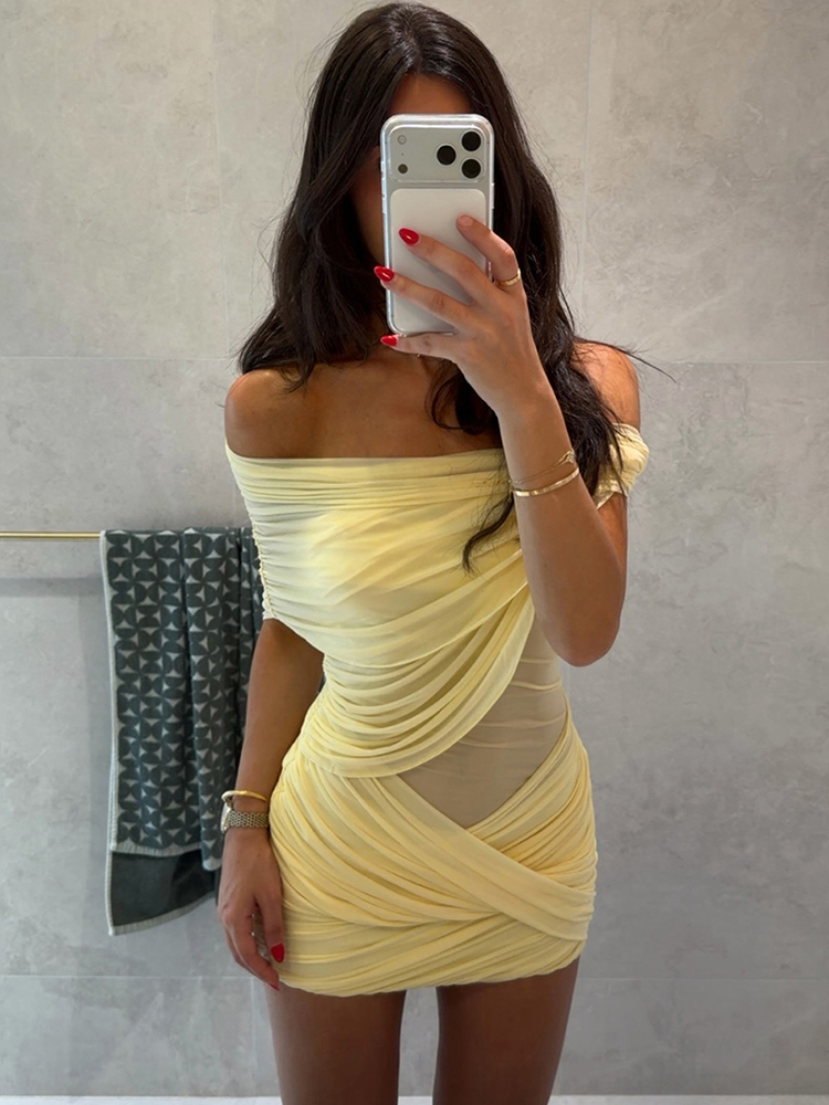 Kliou セクシーなシースルーミニドレス女性スラッシュネック背中の開いたスキニー桃尻ホットガールズミッドナイトクラブパーティーヒップスターボディコン