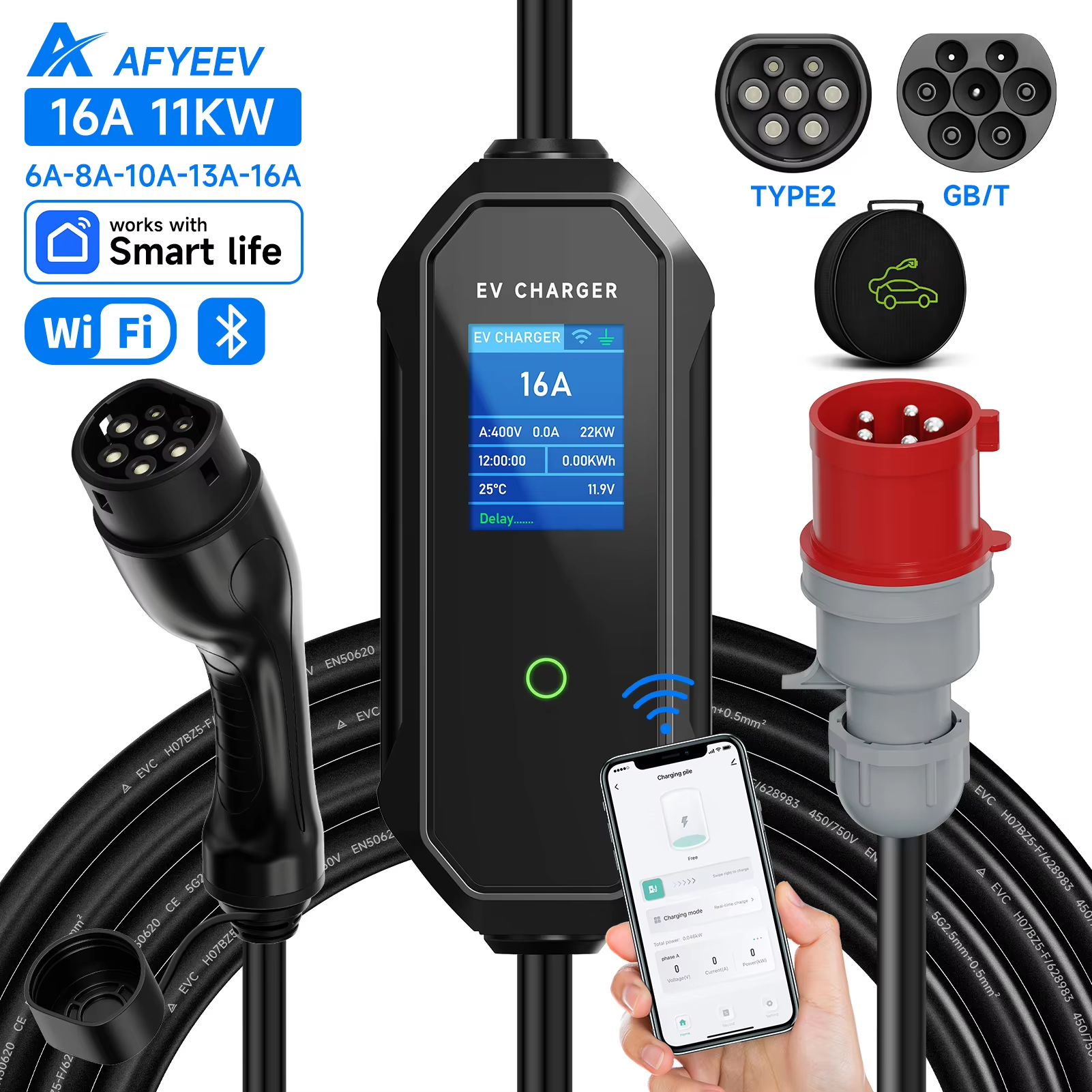 AFYEEV Type2 Portable EV Charger 11KW 16A 3 Phase GBT Electric Car Charger Wi-Fi APP Bluetooth Version Remote Control CEE Plug