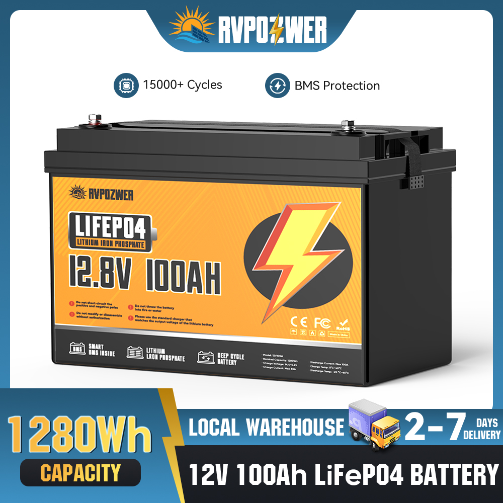 RVPOZWER 12V 100Ah LiFePO4 リチウム電池 1280Wh 15000 ディープサイクル RV マリントローリングモーターオフグリッド充電式電池