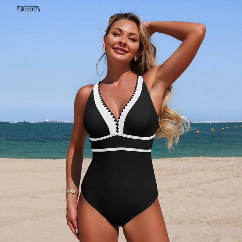 VigoBeviya 2026 黒パッチワーク水着女性ビーチ背中の開いたワンピース水着女性の夏ストラップモノキニ女性水着