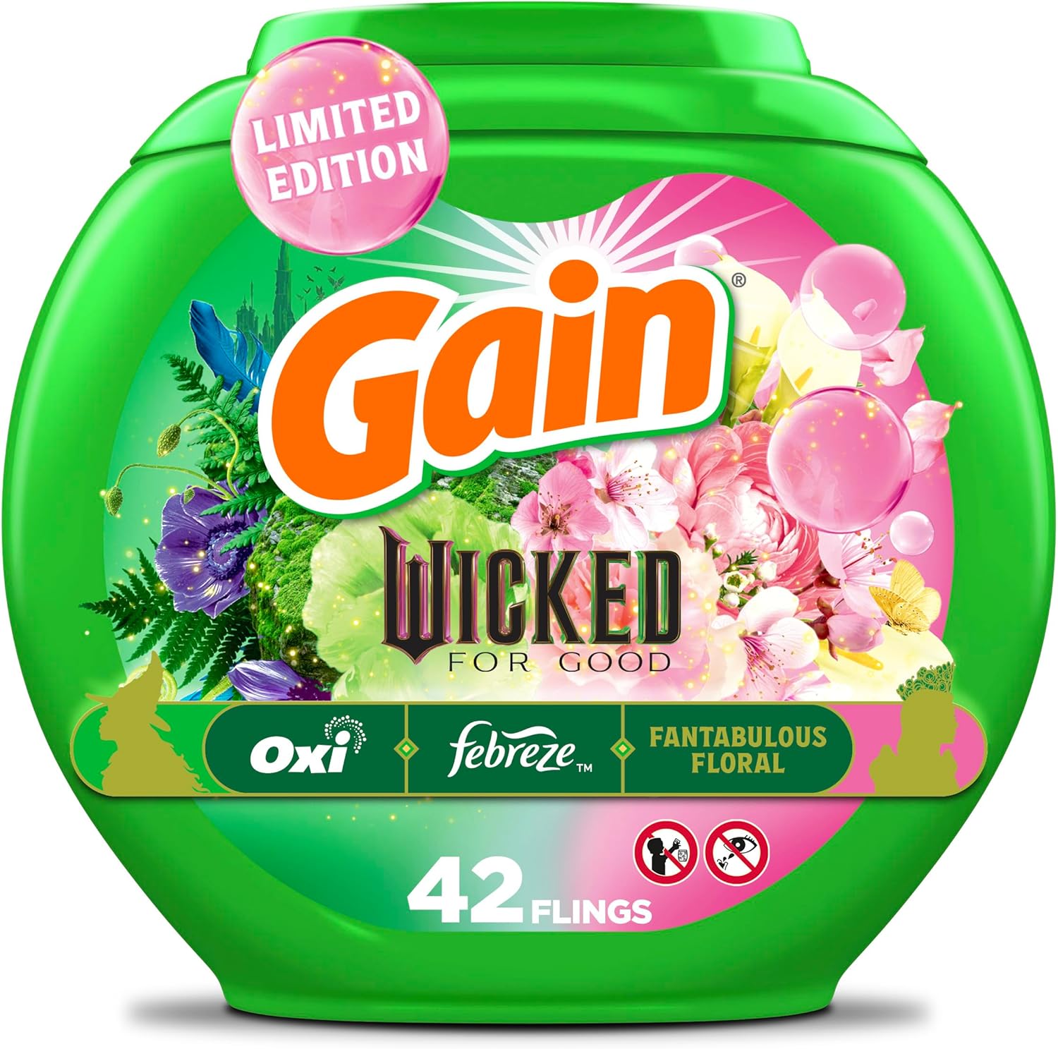 フリング！ 「Wicked: For Good」限定版洗濯洗剤パック、42 個、素晴らしいフローラルの香り、3 in 1 HE 洗剤パック
