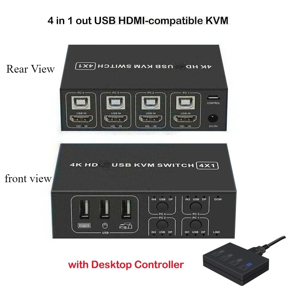 4 ポート HDMI 互換 KVM スイッチ 4 in 1 out 4K 60Hz USB セレクター、デスクトップ コントローラー付き 4 PC 共有モニター、マウス、キーボード