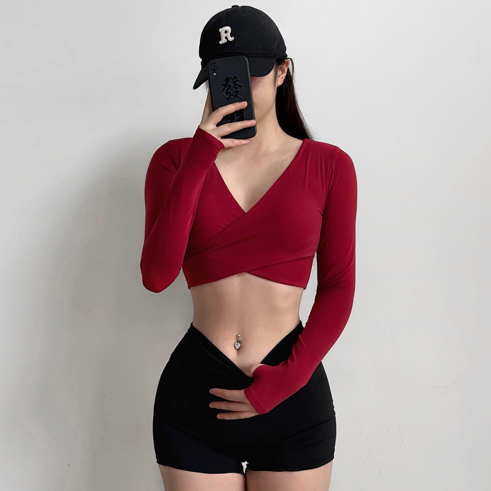 女性のクロス V ネック ワークアウト トップ、クロップド長袖オープン バック シャツ、セクシーなヨガ ピラティス フィットネス ウェア