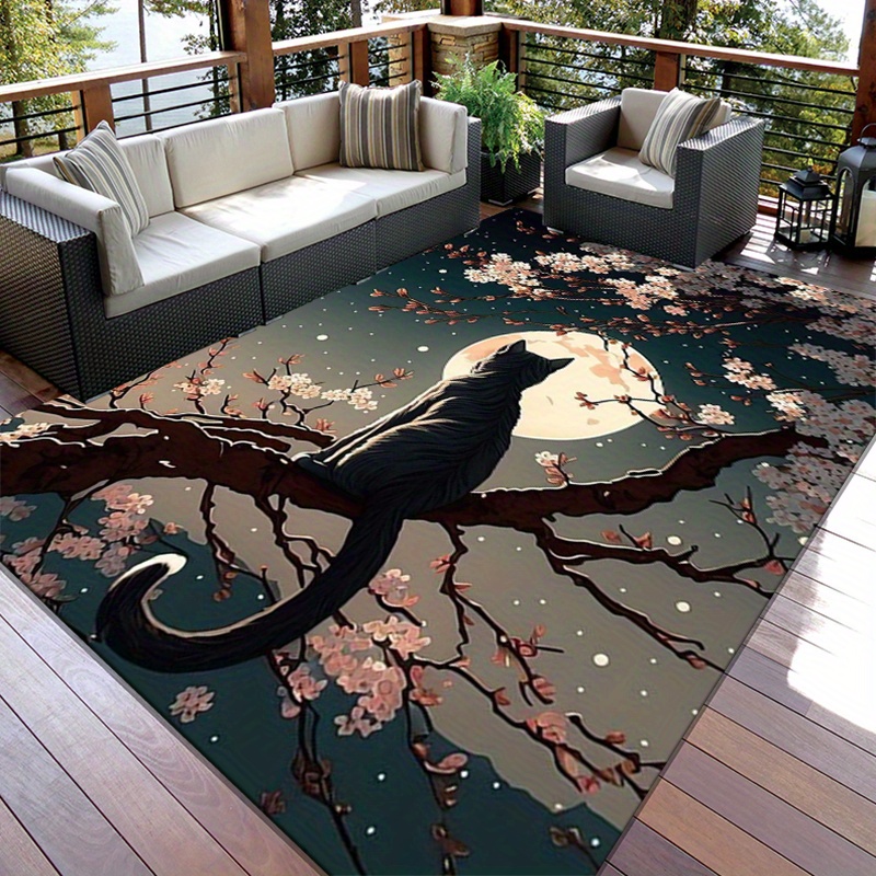 月明かりに照らされた桜猫プリントカーペット - 滑り止めチェアマット、ポリエステルフロアラグ、リビングルーム、ベッドルーム、家の装飾、