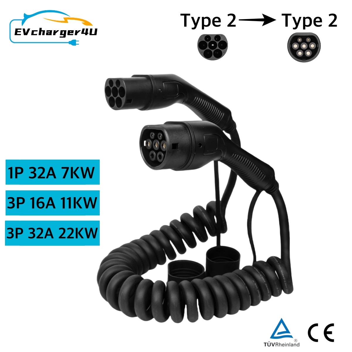 EVcharger4U タイプ 2 EV 充電スパイラルケーブル 1 相 32A 7KW 7M、3 相 22KW 5M モード 3 コイル状充電器コード電気自動車 CE TUV 用