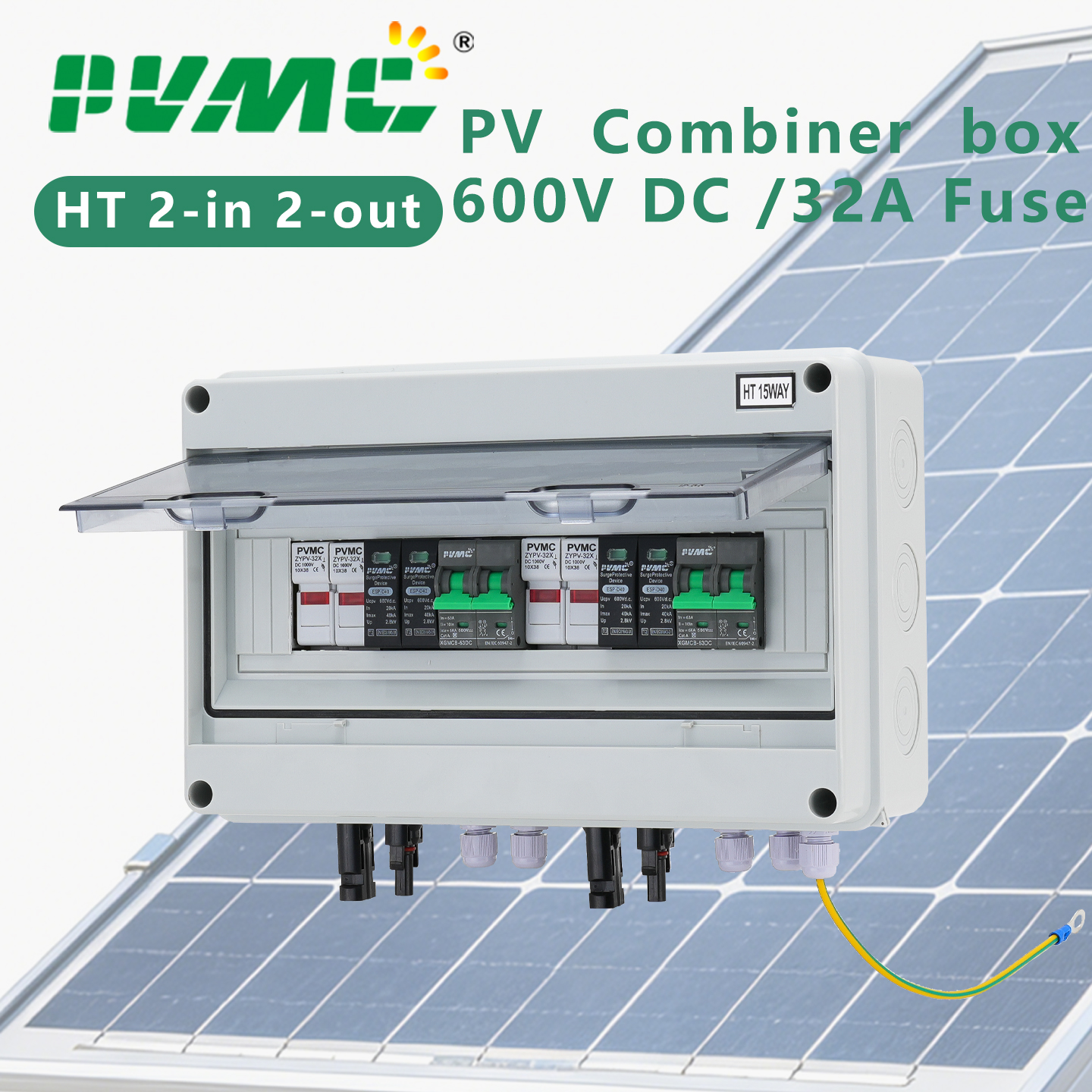 2 で 2 アウト DC 600V 太陽光発電 PV コンバイナボックス雷保護 32A ヒューズ MCB SPD 防水 IP65 分配