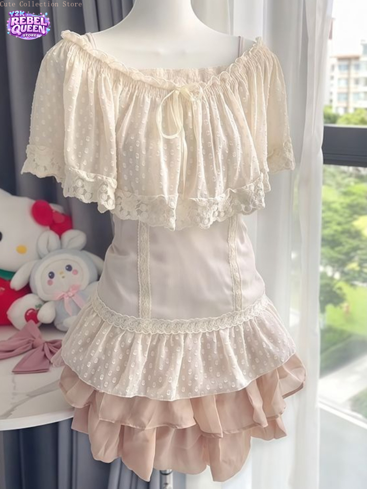 夏日本の新鮮な優しい 3 点セット女性水玉キャミソールトップショールハイウエストスカート甘いファッションカジュアルシックな衣装