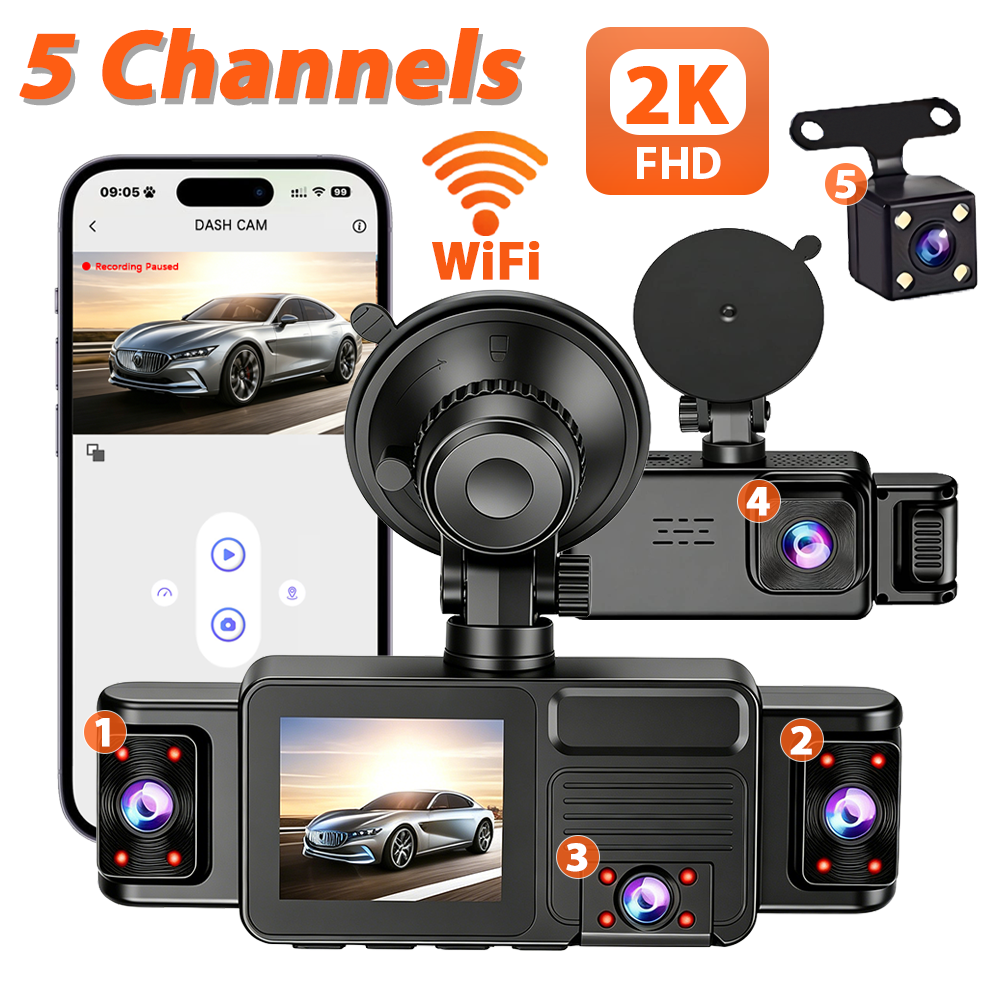 5チャンネルカーダッシュカム360°パノラマ録画2K HD WiFiカーDVR 24/7駐車モニターナイトビジョンGセンサーループ録画