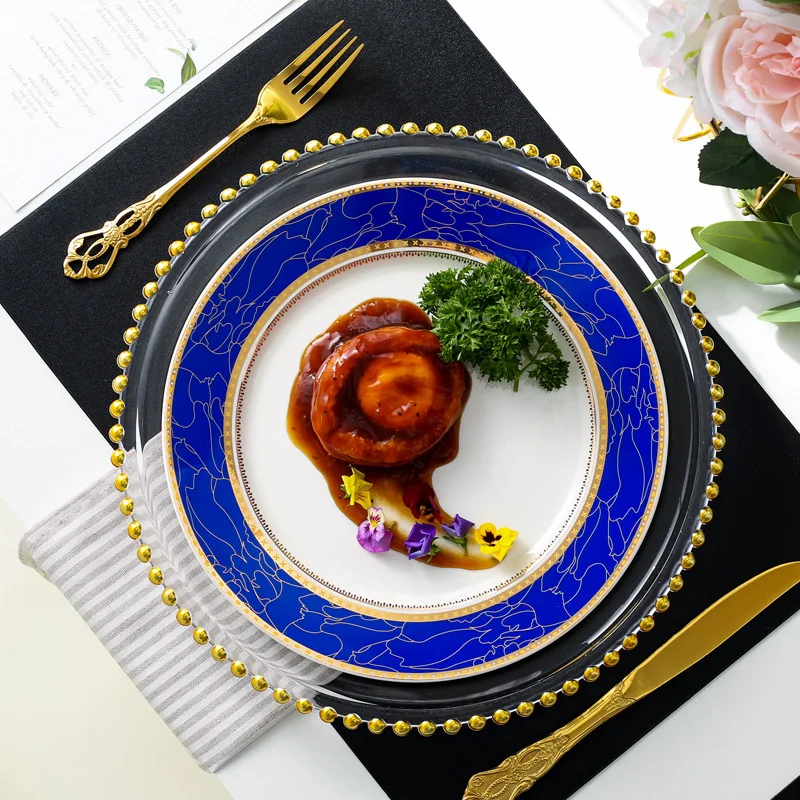 北欧ブルーディナープレートセットビーズガラス充電器ファンシーサービング結婚式 10 インチ美しい食器