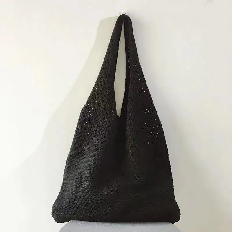 新しいトレンドの女性のバッグかぎ針編みハンドバッグレトロニット三つ編みソリッドカラー中空ブラックカーキトップハンドルトートバッグショッパー