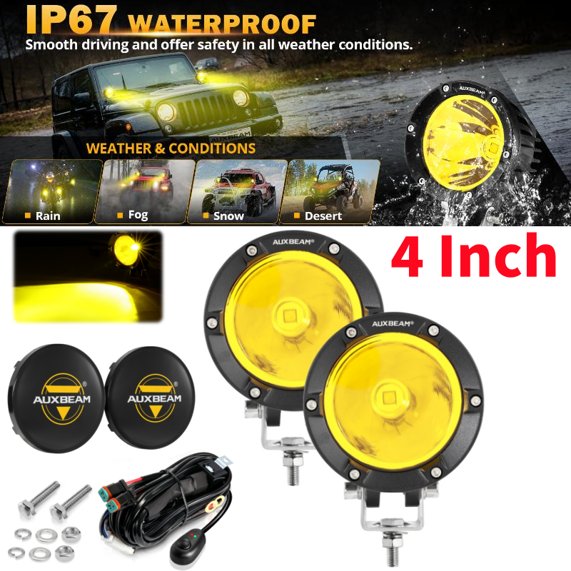 1 ペア Auxbeam 4 インチラウンドドライビングライト配線ハーネスアンバー/ホワイトランプ IP67 防水オフロードトラック SUV ATV UVT