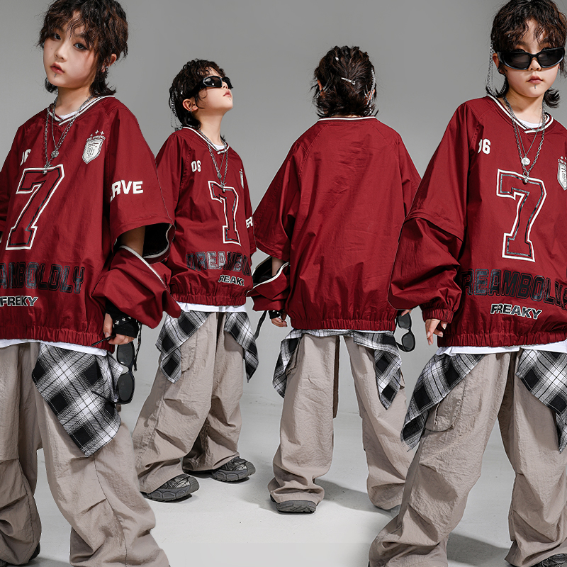 女の子ヒップホップ赤トレーナーストリートダンス迷彩カーゴパンツ男の子 K-pop プルオーバー子供ジャズ服セット子ストリート