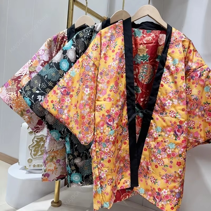 冬の新半纏ジャケット女性のための和風レースアップルーズアジア服日本の伝統的な服着物ファム