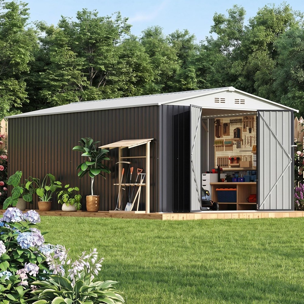 10x16 屋外収納小屋、更新されたフレーム構造とロック可能なドアを備えた庭の小屋、金属製の工具小屋、カスタマイズ