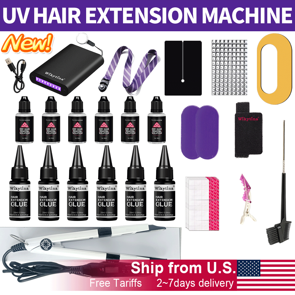 All in One V Light Hair Extensions Kit with UV Light Glue and Hair Extension Machine for Long Lasting Extensions