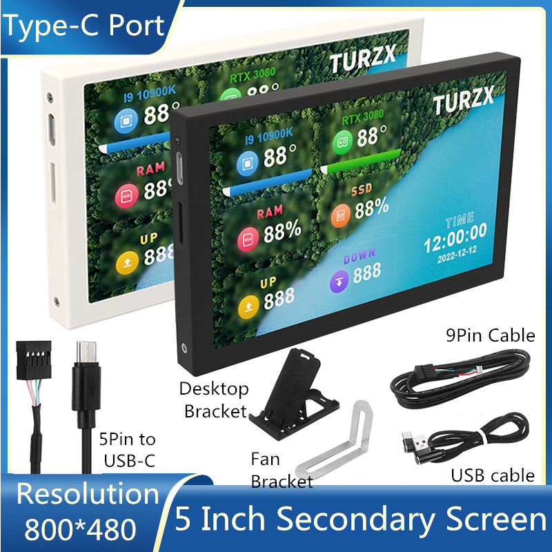 TURZX 5 インチ USB タイプ C セカンダリスクリーンコンピュータ 800*480 IPS LCD モニターディスプレイ CPU GPU RAM HDD モニターなし AIDA64