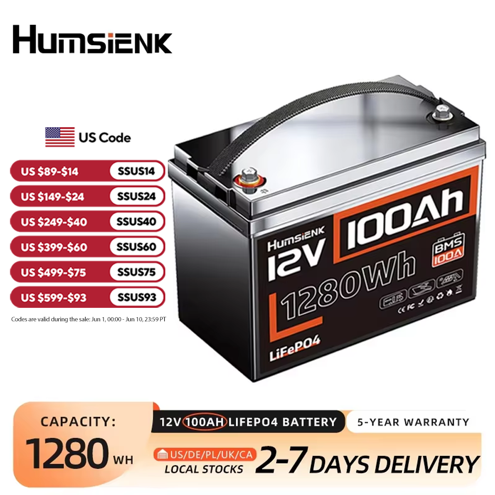 Humsiek LiFePO4 リチウム電池 12V 100AH BMS 100A 1280Wh RV/バン/トローリングモーター/オフグリッド/キャンプ/2 年保証/UL 1973