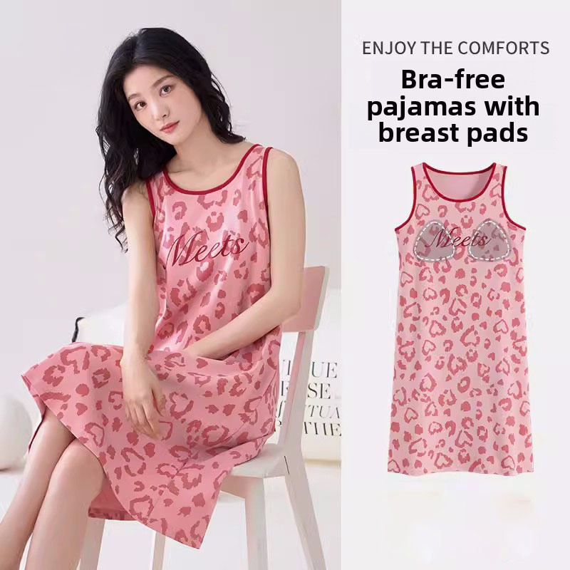 新しい夏ノースリーブスリープドレス内蔵胸パッド薄型ソフトネグリジェプラスサイズ甘いかわいいスタイルホームウェア部屋着