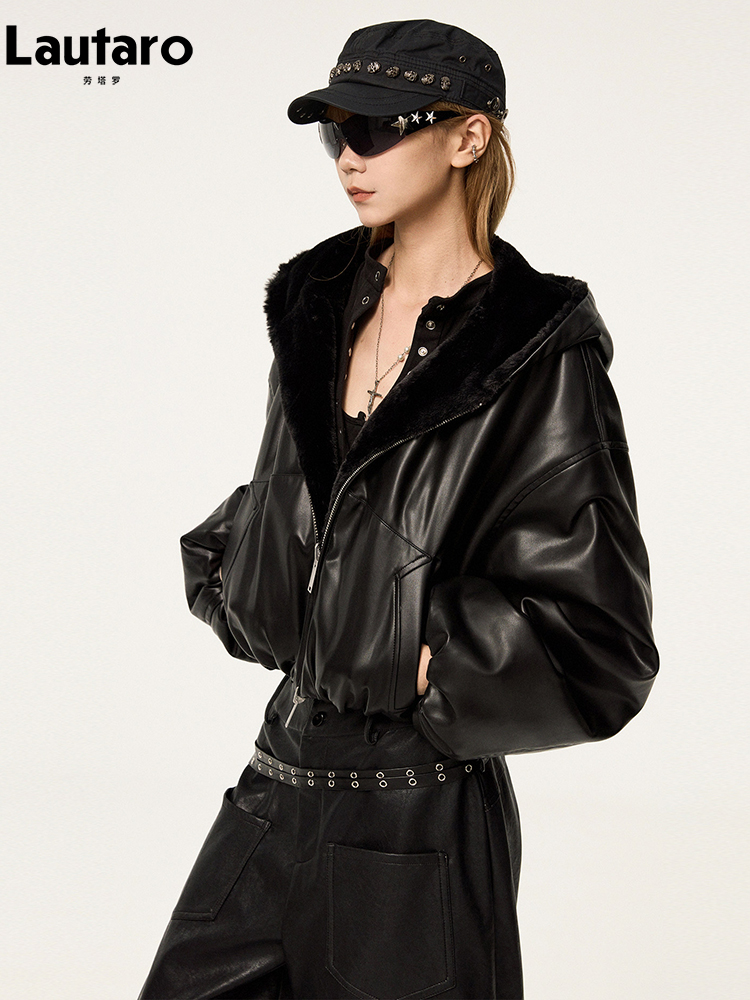 Lautaro 春秋クールで暖かい厚い特大黒ショートリバーシブルソフト Pu レザージャケットパーカー女性内側フェイクファー