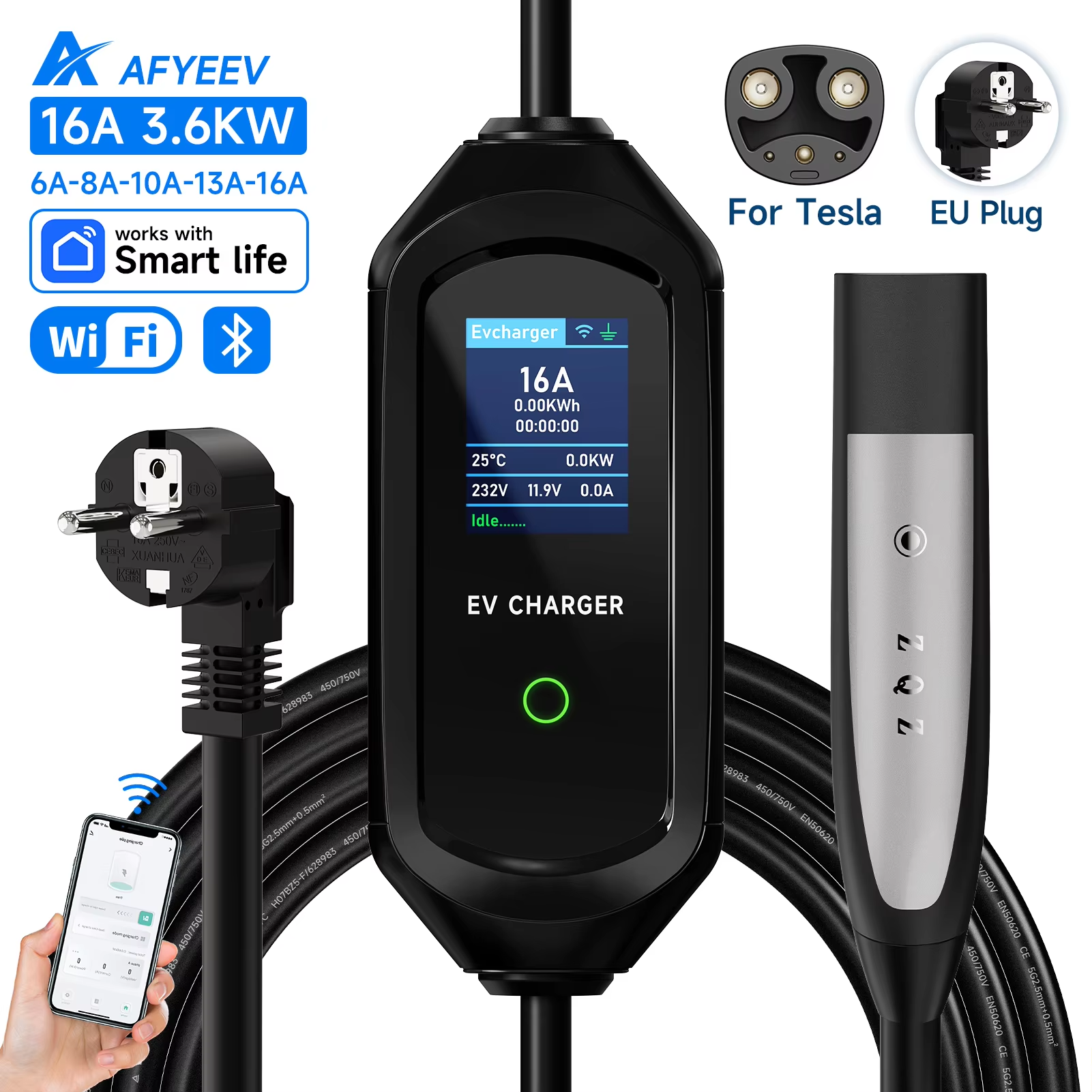 AFYEEV 16A/32A ポータブル EV 充電器テスラ EVSE 充電ボックス EU 米国 CEE プラグ電気自動車の充電器テスラモデル X/Y/S/3