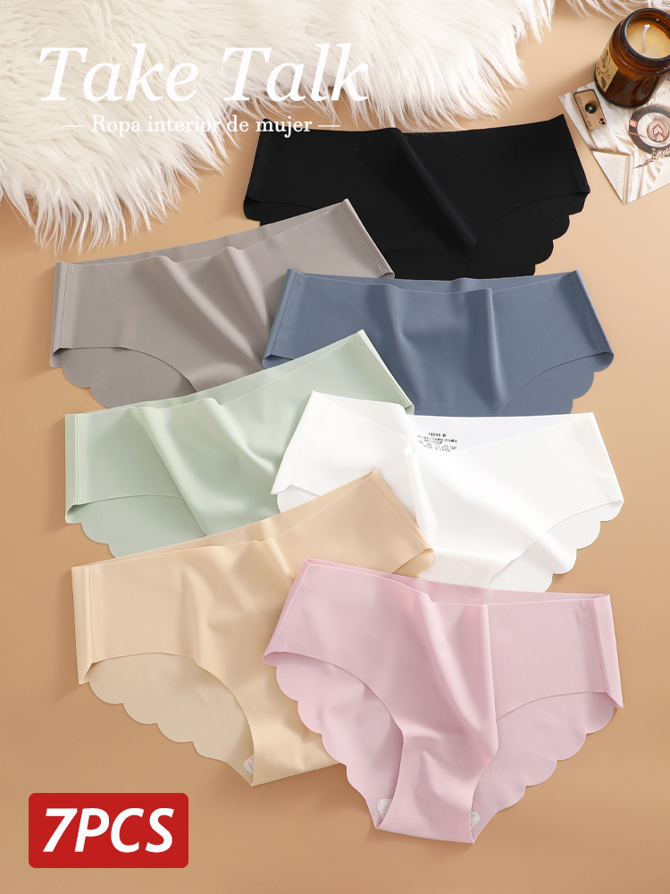 7 ピース/セットアイスシルクシームレスパンティー女性のブリーフ無地弾性下着女性超薄型痕跡波状サイドパンティー