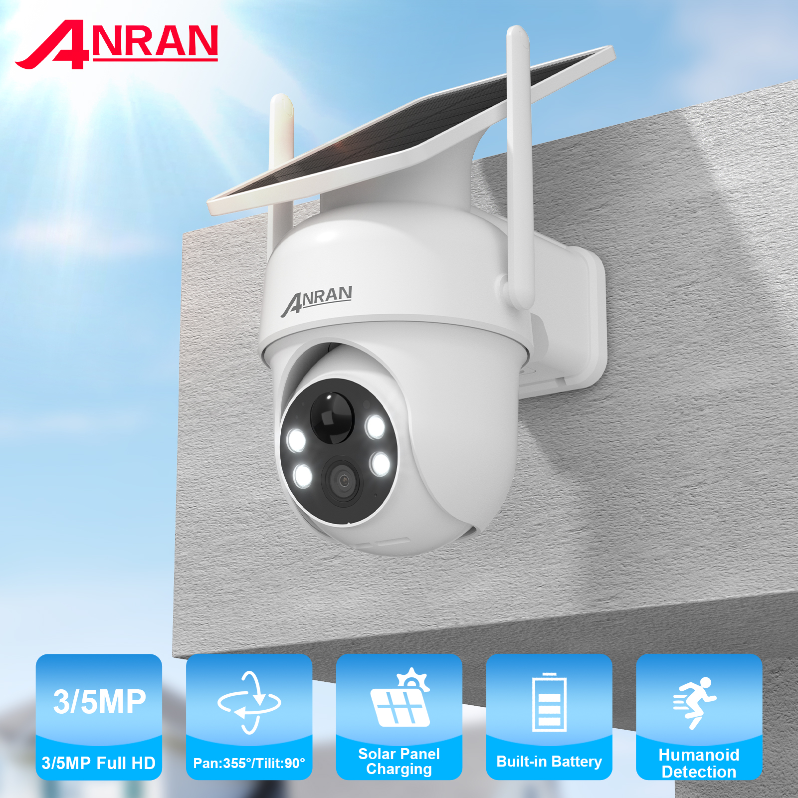 ANRAN 2K 3/5MP ソーラーカメラ 2.4G Wifi 監視セキュリティカメラホームプロテクション Sloar バッテリーカメラ PIR ヒューマノイド検出