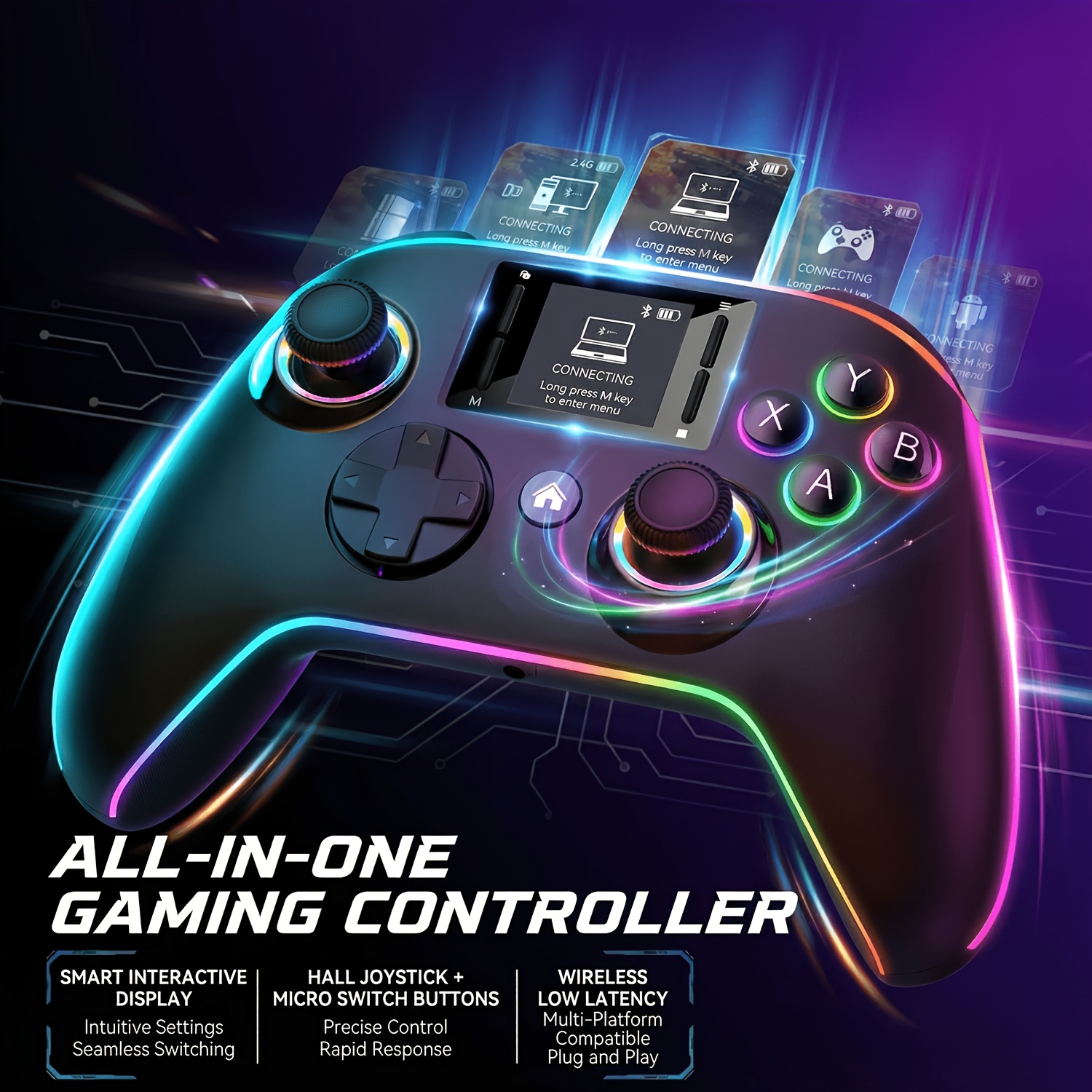 インタラクティブ画面を備えたワイヤレス ゲーム コントローラー。PC、PS4、Switch、Android、iOS デバイスと互換性があります。 4 つのプログラム可能なボタン、連射機能、6 軸ジャイロスコープ、デュアル VI を搭載
