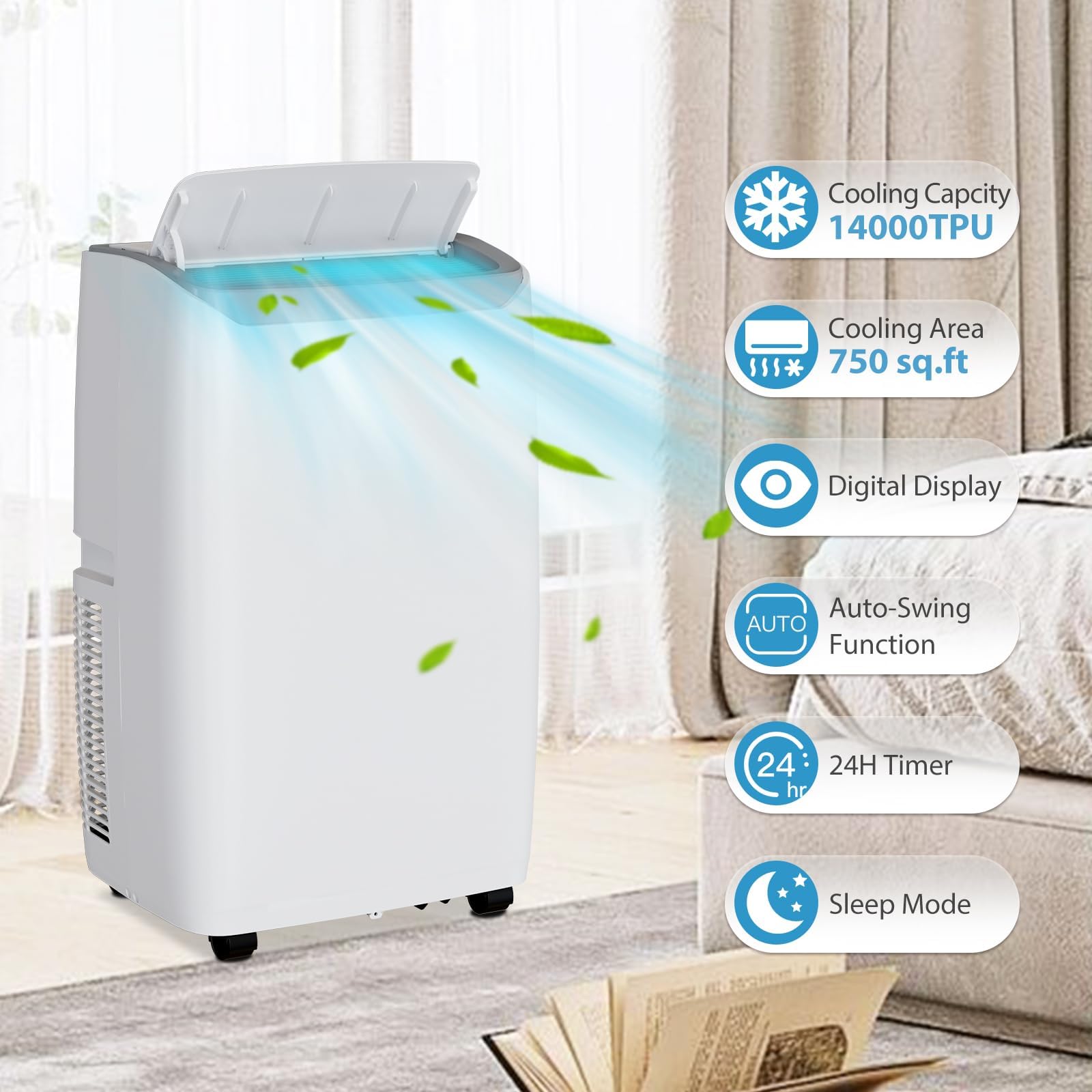 14000 BTU ポータブル エアコン - 3-in-1 冷却、除湿機