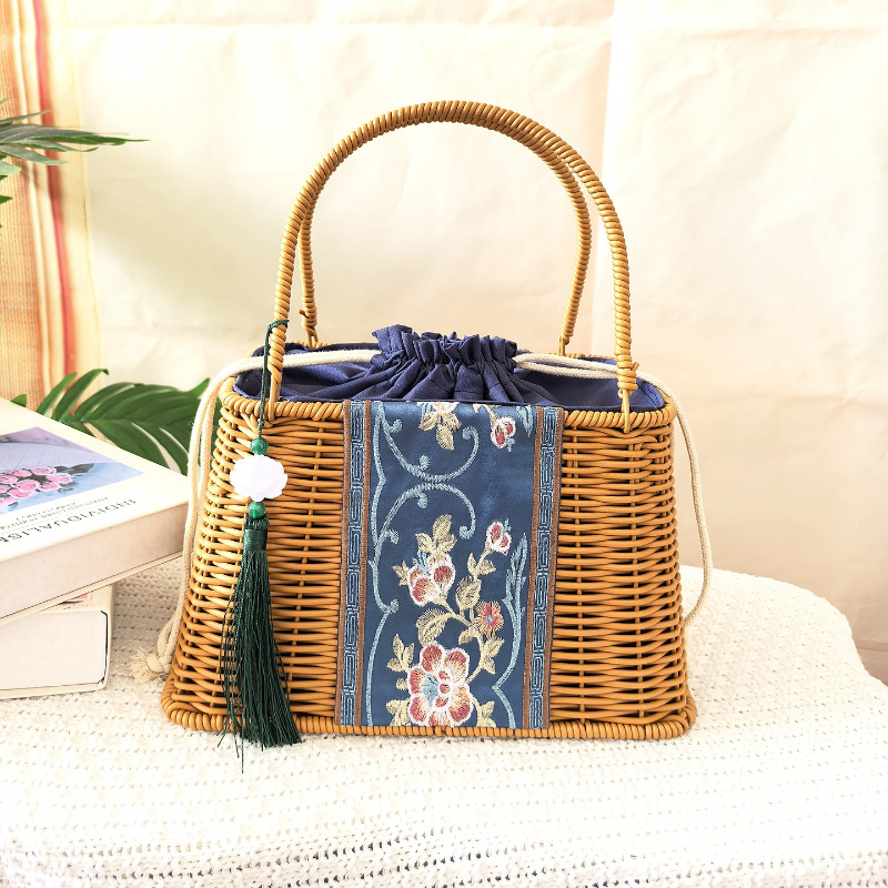 中国のレトロな手作り織トートバスケット芸術的クリエイティブショッピングストレージギフト贈る刺繍装飾