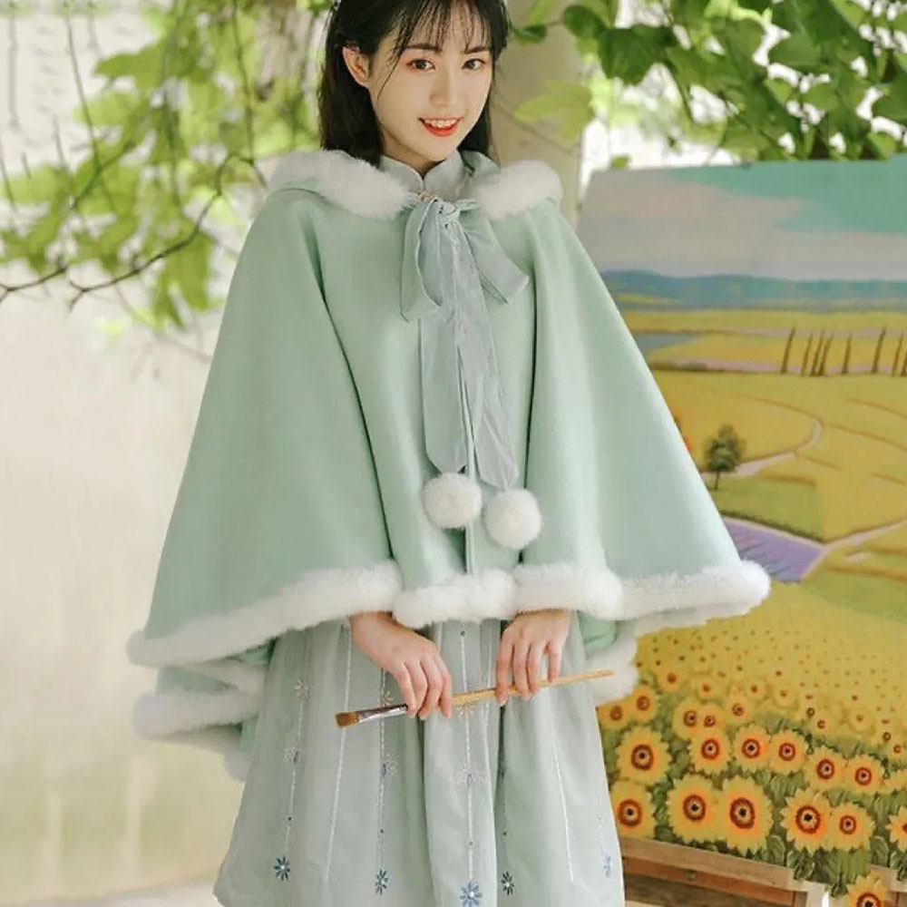 ヴィンテージ袍ケープポンチョフード付き冬豪華な修正された韓服肥厚マントコート Vestido 繁体字中国語服女性のための